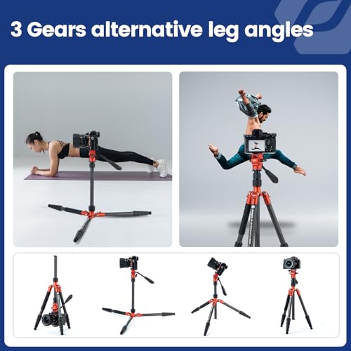 Image of Fotopro 59 inch Carbon Fiber Travel Tripod, Compact Video Tripods with Fluid Head, Detachable Monopod with Arca-Swiss Quick Release Plate and Bag, Camera Tripod Load up to 8KG /17.63lbs, Orange
