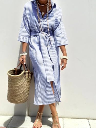 Image of chouyatou Women's Summer 3 /4 Sleeve Striped Shirt Dress Belted Maxi Long Casual Button Down Beach Dress