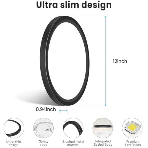 Image of libtit 12 inch Flush Mount LED Ceiling Light Fixture, 3000K 4000K 6500K Adjustable, 28W 3200lm Black Round Lighting Fixtures for Bathroom Shower Hallway Kitchen, 6 Pack