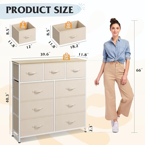 Image of WLIVE 9 Drawer Dresser, Fabric Storage Tower for Bedroom, Hallway, Closet, Tall Chest Organizer Unit for Bedroom with Fabric Bins, Steel Frame, Wood Top, Easy Pull Handle, Cream White