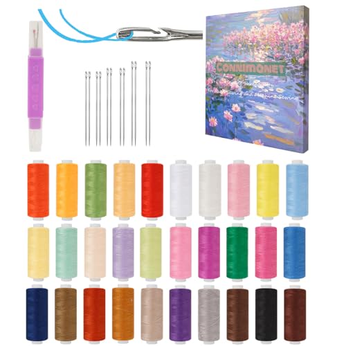 Connimonet Hand Quilting Thread Set Needle and Thread Kit for Sewing 30 Colors Sewing Thread Set 250 Yards Each with Self Threading Sewing Needles and 2in1 Tool for Needle Threader and Seam Ripper