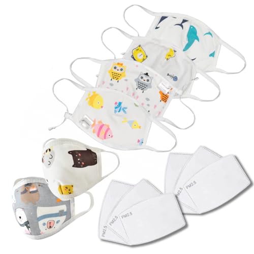 KaWaii Kid’s Face Cloth Masks for Children Teens Boys Girls (2-5T), 4-Layer Waterproof Cotton Mask, Pack of 6 Masks + 6 PM2.5 Pads, Animals, 6-MSK_6PAD_2-5T
