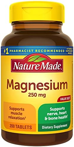 Nature Made Magnesium Oxide 250 mg, Dietary Supplement for Muscle, Heart, Bone and Nerve Health Support, 200 Tablets, 200 Day Supply