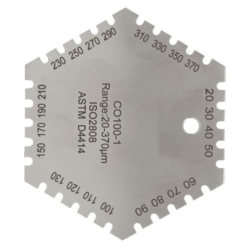 Calibrador de película húmeda CO100 de acero inoxidable para medición de espesor de recubrimientos, rango 20-370 μm, diseño hexagonal, compatible con aplicaciones industriales y de bricolaje en pintura miniatura 4