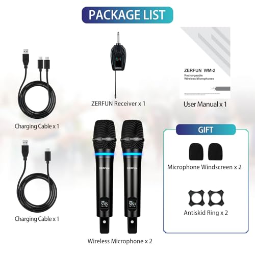 Image of 2 Channel Rechargeable Wireless Microphone System, Pro UHF Metal Handheld Wireless Microphones Cordless Mics with Mini Receiver, Channel Control for Karaoke Singing Church
