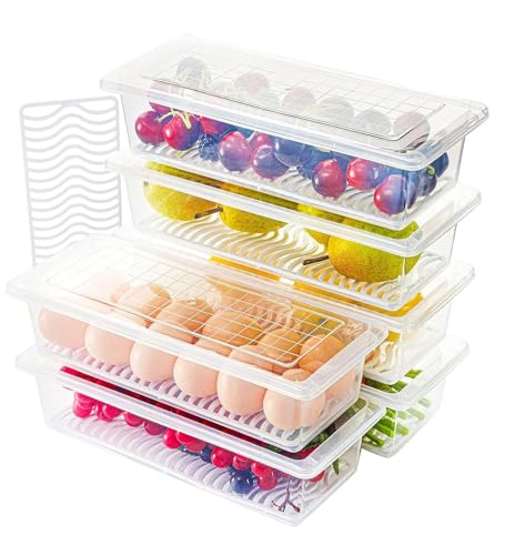 Story@Home Fridge Storage Boxes - Set of 6 | Plastic Kitchen Storage Box, Fridge Storage Containers, Food Storage Container Set with removable Drain Plate & Lid | Storage Box and Organiser | Clear