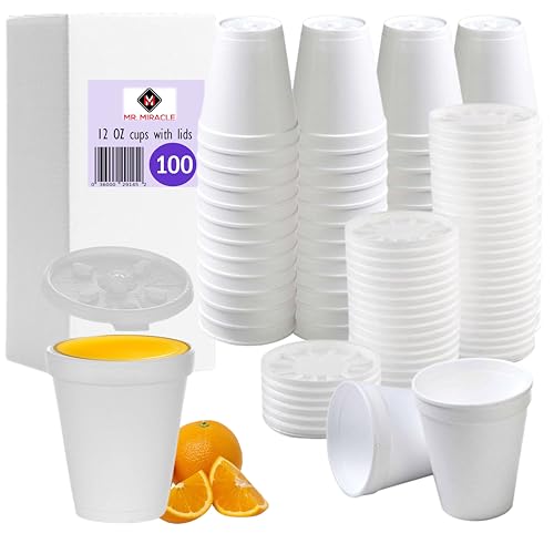 12 OZ Foam Cups for Hot & Cold Drinks USA-Made 100-Pack - Ideal Styrofoam Coffee Cups Insulating To-Go Cups for Soda Tea Juice - Sturdy Disposable & comparable to Industry standard 12J12