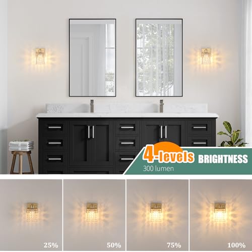 Image of Shenmoyl Set of 2 Crystal Battery Operated Wall Sconce,Rechargeable Wall Lamp with 5200mAh Battery & Remote Control, Modern Dimmable Wireless Wall Lights for Bedroom Bathroom (Clear, Gold Base)
