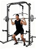 Smith Machine, Home Gym Multi-Functional Smith Machines, with Barbell Bar, Cable Crossover, LAT Pulldown, Spotter Arms, j Hooks and Landmine, Carbon Steel Half Rack for Full Body Strength Training
