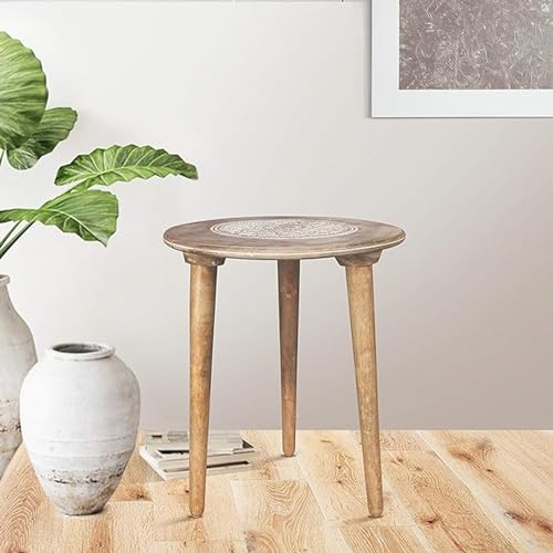 Image of WOOYNEX Wooden Table with Three Legs A Modern Round Coffee Table and Side Table for Small Spaces with Pillar, Wood Books, Magazines, and Plant Stand for Living Room Entryway Table -White Wash