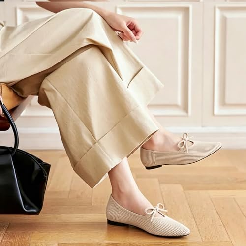 Image of TINGRISE Women's Pointed Toe Flats Comfortable Knit Ballet Shoes Washable Dressy with Bow Business Casual Work Shoes