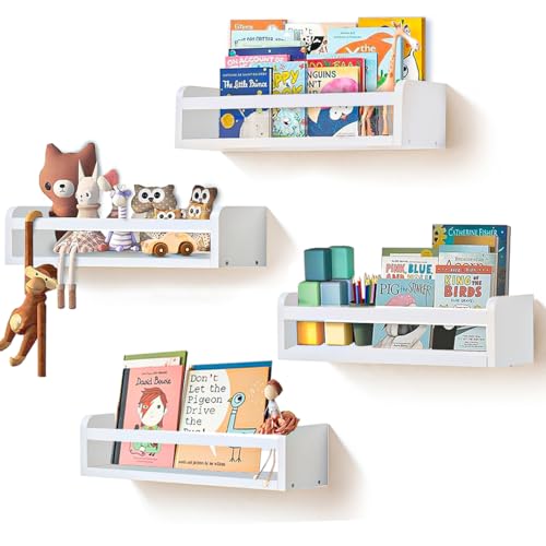 Set of 4 Floating Wall Shelves for Kids Room, Nursery, Bedroom – White Wooden Bookshelves for Toys, Books, Décor & Storage – Wall Mounted Book Shelves for Baby Room & Small Spaces (16.5” x 4” x 3.5”)