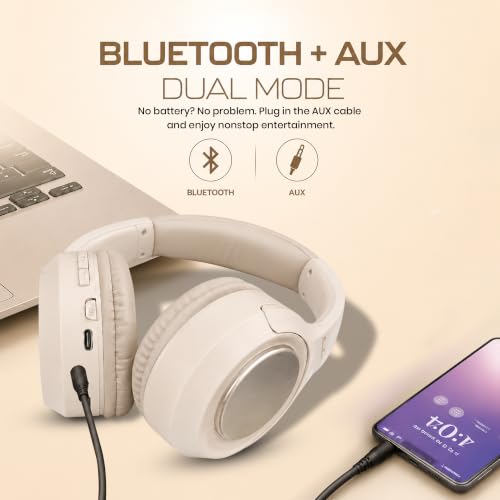 Image of PunnkFunnk BeatXtra Pro Wireless Bluetooth Headphones V5.3, Over-Ear Stereo Headset with 40mm Drivers, Noise Cancelling, Soft Cushioned Ear Cups, 10m Wireless Range, Teen & Adults (Beige)