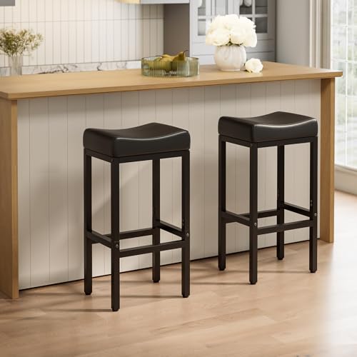 Image of Bar Stools Set of 2-29 Inch Counter Height Chairs for Kitchen Island, Leather Seat with 400 LBS Heavy-Duty Metal Frame and Adjustable Feet, Easy to Assemble for Bar, Cafe or Dining Room,Black