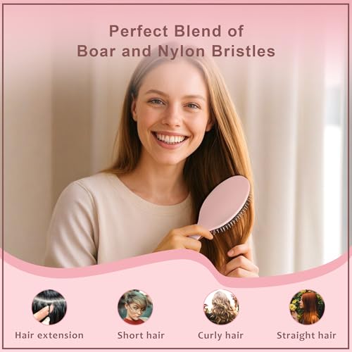 Glidease Boar Bristle Hair Brush & Hair Extension Brush – Detangler for Medium & Thick Hair – Shine Enhancing Brush for Women & Men – Premium Gift Idea for Holidays, Birthdays, Christmas (pink)