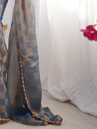 Image of AKHILAM Women's Chiffon Checkered Printed Saree With Unstitched Blouse Piece (AARYAN14602 KR Parent)