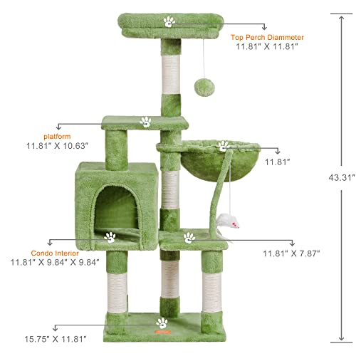 Image of Heybly Cat Tree with Toy, 43.3 inch Cat Tower for Indoor Cats HCT004SGR | Cat Condo with Durable Sisal Scratching Posts, Cat House with Padded Plush Perch, Cozy Hammock, Green