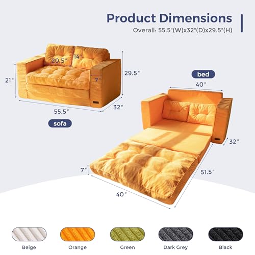 MAXYOYO Convertible Sofa Bed, Pull Out Loveseat Sleeper Sofa, 2 in 1 Folding Couch Bed, Fold Out Floor Couch with Pillows for Living Room Bedroom Lounge, Orange