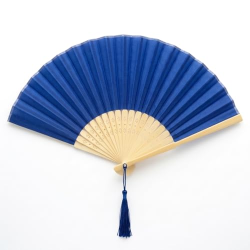 Image of Fabric Handheld Folding Hand Fan With a Tassel Grade A Bamboo Ribs for Women Girls Summer Party Event Favor Birthday Wedding Souvenir Gift (Royal Blue)