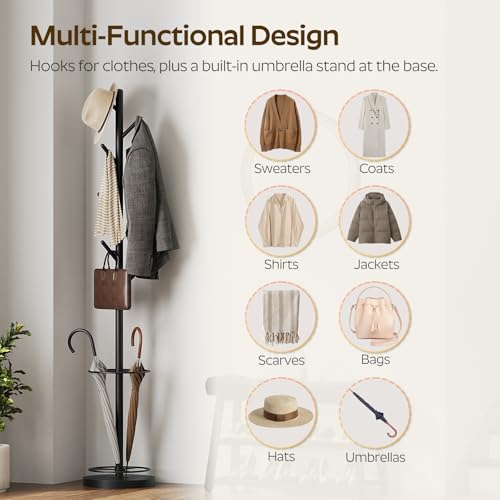 YATINEY Coat Rack Stand with Umbrella Holder, 69 Inch Freestanding Coat Tree for Entryway, Clothing Rack Hanger for Hats, Bags, Jackets, Metal Coat Stand Organizer for Bedroom, Office, Black YM03BB
