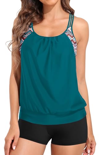 Image of Womens Plus Size Tankini Swimsuit Two Piece Tummy Control Bathing Suit | Blouson Racerback Tankini Top with Shorts, Double Up Design, Removable Pad