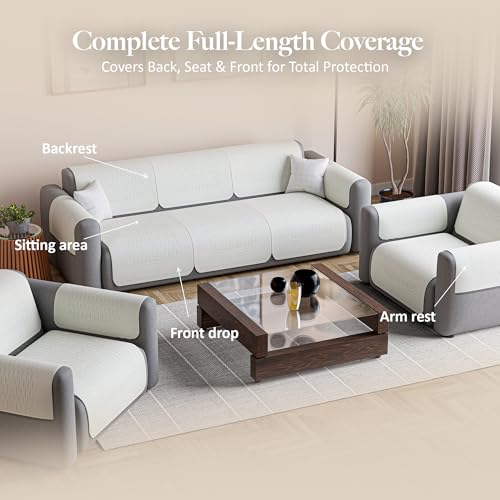 Image of Kuber Industries 5 Seater Sofa with Arm Cover | Slipcover for Living Room | Thick & Cozy | Non-Slip Comfort Sofa Cover Set | Columbia 258003 - Cream