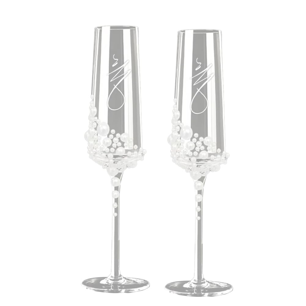 Elegante Handgefertigte Kristall-Sektgläser im Perlen-Design, Klares Glaswaren mit Geschwungener Schrift für Hochzeit, Brautparty.