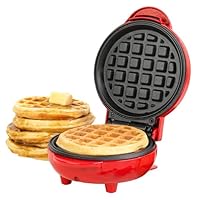 Giles & Posner Waffle Maker - Mini Non-Stick Waffle Iron, Compact, 550W, 2 Minute Preheat, Belgian American Round Waffles, 11.5cm Plates, Easy Clean, One Portion, Sweet Or Savoury Treats, Red