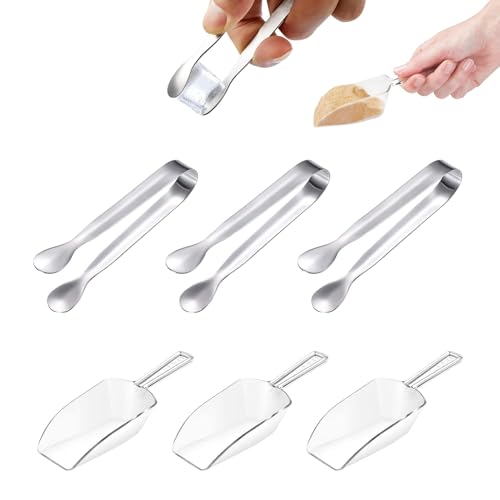 3 Pcs Sugar Tongs and 3 Pcs Measuring Shovel Spoon, Ice Tongs Set, Stainless Steel Serving Tongs and Small Shovel Spoons for Ice Candy Nuts and Desserts, Perfect for Parties Weddings and Home Use