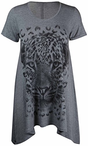 Image of Ladies Plus Size Uneven Hem Short Sleeve Tiger Face Print Womens Stretch Top Light Grey Size 26 - 28