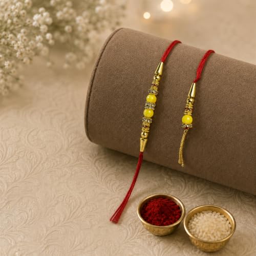 Image of Oblivion Bhai Bhabhi Designer Rakhi Lumba Pcs Set of 2 with Silver Pooja Coin, Greeting Card, Lumba Rakhi for Bhabhi - Rakhi Gift for Bhai & Bhabhi