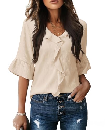 siliteelon Capsule Wardrobe for Women Dressy Casual 3/4 Sleeve Ruffle Bell Top Ladies Business Formal Work Shirt Trendy 2026 Apricot 2XL