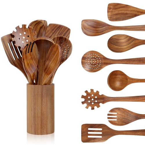 comfoyar Teck Ustensiles de Cuisine Bois, Set de 9 Cuillère en Bois pour la Cuisson avec Support et Louche, Résistance à la Chaleur Convient pour Poêles...