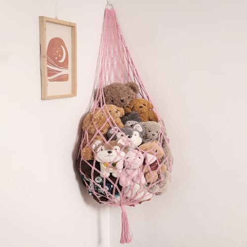 Image of Amdermi Stuffed Animal Hammock Corner Hanging Net for Stuff Animal Storage Macrame Plush Toy Holder-Perfect for Tiny Space Walls-Kid Bedroom Decor Nursery Playroom Organizer (Light Pink XL)