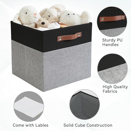 Image of Bagnizer Collapsible Fabric Storage Cube Bins with 2 Reinforced PU Handles, Foldable Storage Organizer Baskets for Closet, Shelves, Living Room | 13 inchx13 inchx13 inch, 4 Pack, Black & Gray