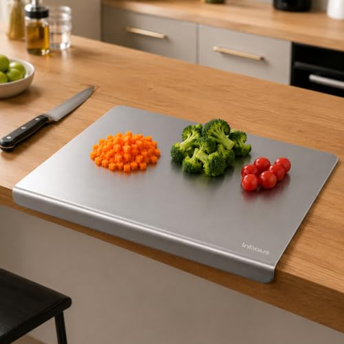 Image of Large Countertop Stainless Steel Chopping Board for Kitchen | Easy-Clean, Odor-Free Metal Cutting Board for Vegetables & Fruits | Durable Prep Board | 41 x 31 cm