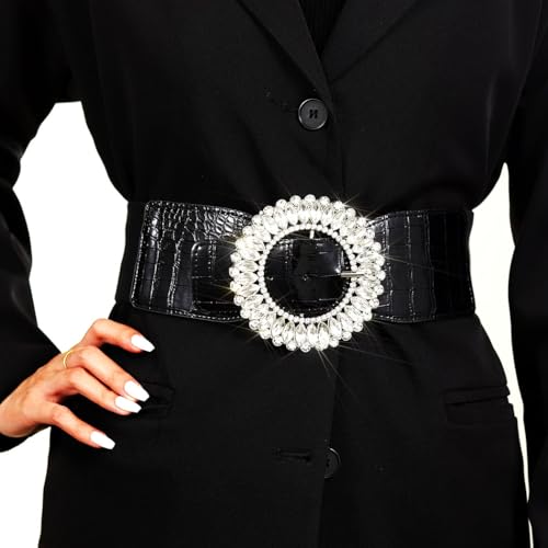 Ursumy Women Rhinestone Belts Fashion Wide Elastic Belts Sparkle Crystal Stretchy Belts for Dresses