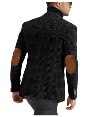ONAXTDA Elbow Patch Plaid Blazer Jacket for Men Slim Fit Fashion Splicing Collar Casual Sport Coat