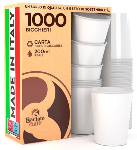 Baciato Caffè 1000 Bicchieri in Carta 200ml Ecologici Biodegradabili Monouso BIANCHI Made in Italy Asporto Bevande Calde Acqua - Prodotto e confezionato in Italia