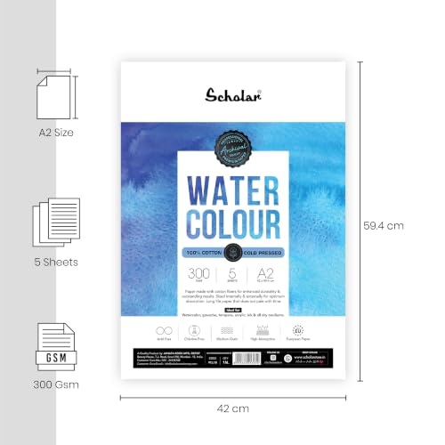 Image of Scholar 100% Cotton Watercolor Paper - 300 GSM Medium Textured Artist Paper | Cold Pressed Premium Professional Watercolour Sheets for Washes, Layering & Fine Art Painting (5 Loose Sheets) (A2)