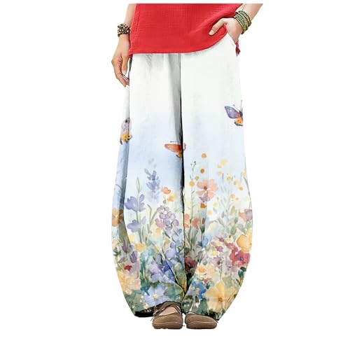 HOTYD Womens Cotton Linen Wide Leg Barrel Pants Boho Floral Print Elastic Relaxed Fit Baggy Lantern Trousers with Pockets