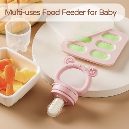 Image of 2 Pack Silicone Baby Fruit Feeder with Mini Freezer Tray, Breastmilk Popsicle Molds for Infant Teething Relief, Baby Teethers, Fresh Food Feeder for Safe Infant Self Feeding - Purple