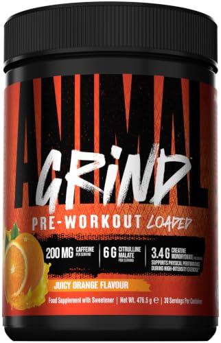 Animal Grind Pre-Workout-Pulver, Orange, 30 Portionen – 200 mg Koffein, 6 g Citrullin Malat, 3,4 g Kreatin Monohydrat, zuckerfrei, vegan, ohne künstliche Farbstoffe