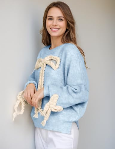 Wyeysyt Bow Sweater Women Oversized Knitted Pullover Sweaters Cute Chunky Crewneck Long Sleeve Pullover Tops4
