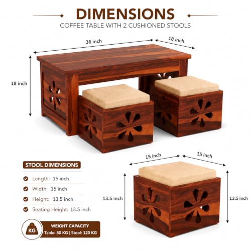 Image of Solid Sheesham Wooden Coffee Table with 2 Cushioned Stool|Teapoy Center Piece for Home Sofa Center Table for Living /Drawing Room,Hall|Space Saving Tea Table Set(Honey Finish) Floral Jali