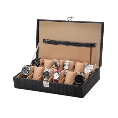 Image of 12 Slot Watch Box Organizer for Men & Women | Premium PU Leather Watch Storage Case with Inner Lid Pocket | Royal Black & Cream Watch Holder for 12 Watches