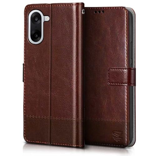 Image of FLIPPED Vegan Leather Flip Case Back Cover for 1+ OnePlus Nord CE 5 5G (Flexible, Shock Proof | Hand Stitched Leather Finish | Card Pockets Wallet & Stand | Tan with Brown)