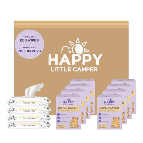 Image of Happy Little Camper Ultra-Absorbent Natural Baby Diapers Size 1 - Hypoallergenic, Unscented & Chlorine-Free Disposable Diapers (200 Count) Come with Flushable Wipes (200 Count) for Sensitive Skin