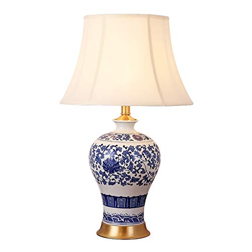 Lampe de table en céramique bleue et blanche avec variateur d'intensité