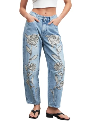 LifeShe Embroidered Pants for Women Floral Mid Rise Denim Baggy Barrel Jeans Boyfriend Trousers